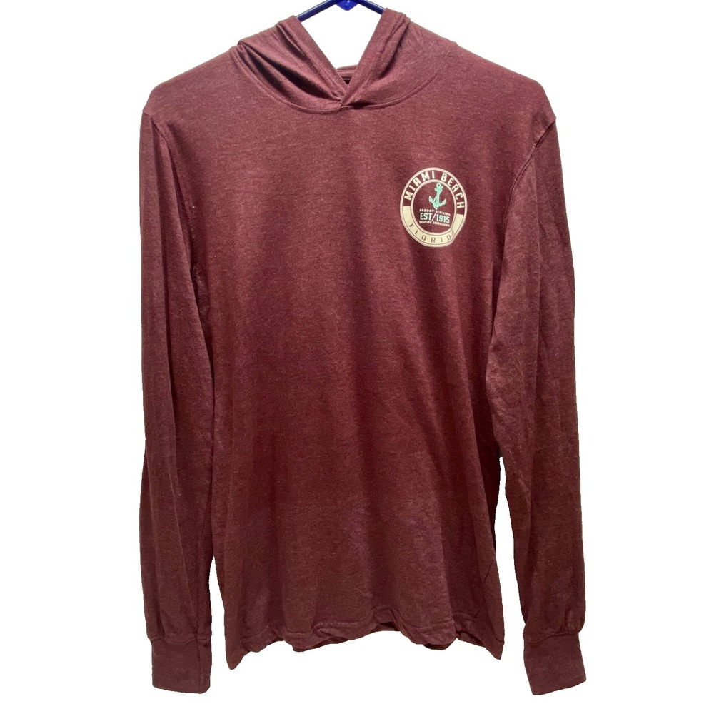 Miami Beach Long Sleeve Hoodie Tee Adult Small Maroon‎ Florida Resort Wear GUC